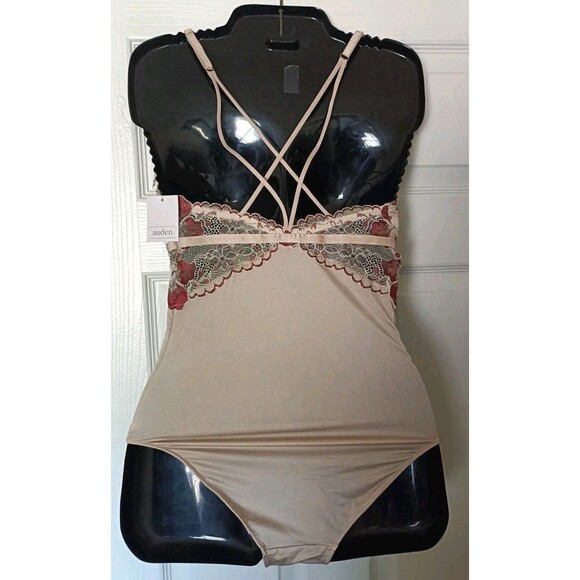Auden V-neck Lace Bodysuit Sz Small Light Taupe Padded Lacey Strappy Back New - Picture 3 of 7
